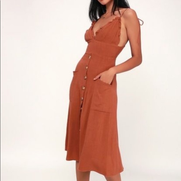 Lulu’s Lisbeth Rust Orange Button Front Dress, M - Picture 3 of 14